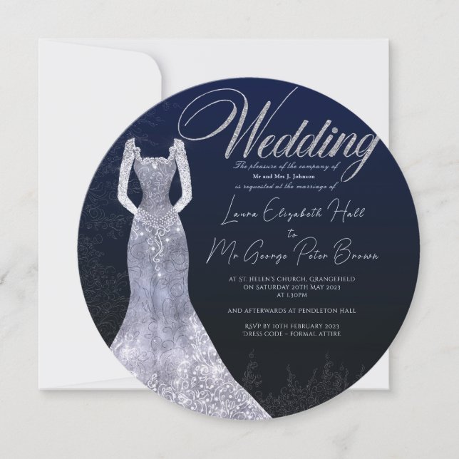 Invitación de forma redonda de boda de vestido de  (Anverso)