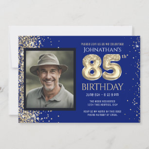 Invitación de foto azul con brillo dorado para la