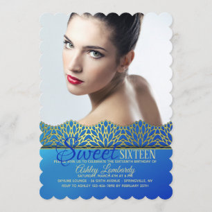 Invitación de foto con borde azul y dorado