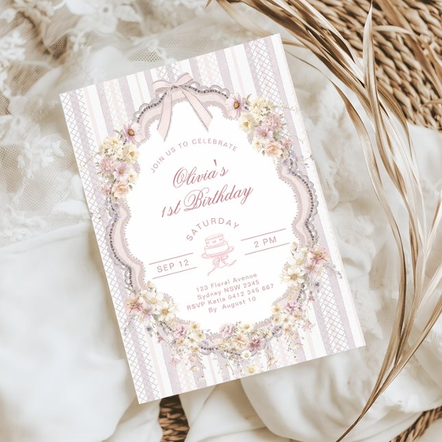 Invitación de foto con lazo de cumpleaños floral 1 (Subido por el creador)
