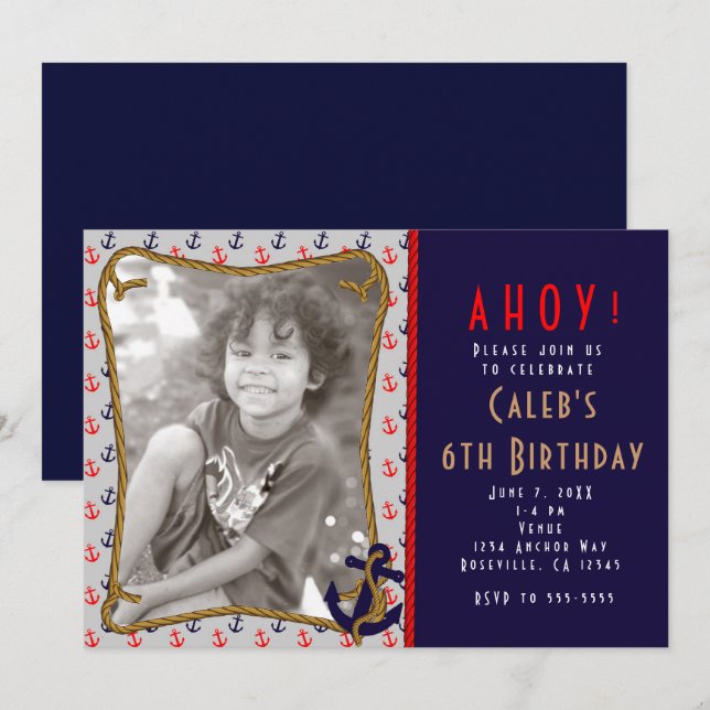 Invitación de foto de anclas azules y rojas náutic (Anverso / Reverso)