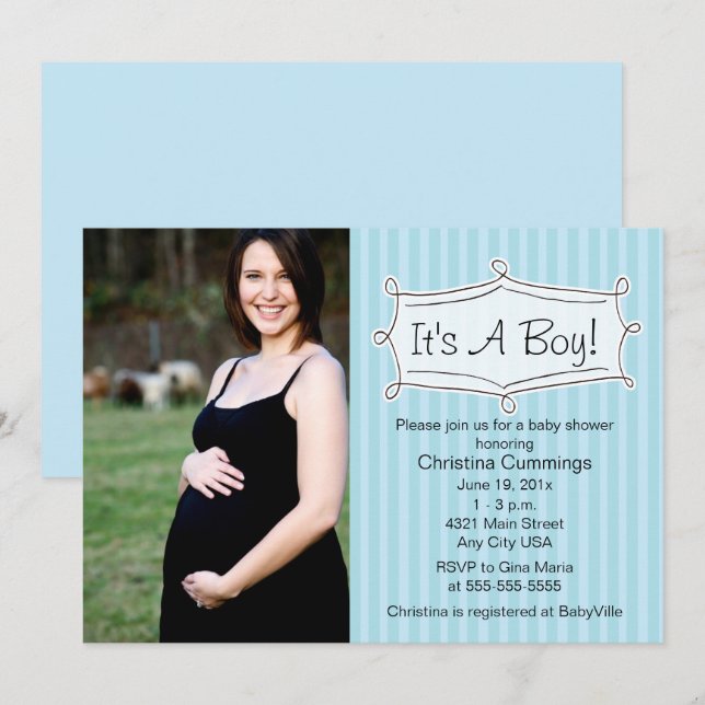 Invitación de foto de baby shower dulcemente rayad (Anverso / Reverso)