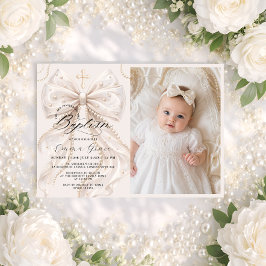 Invitación de Foto de Bautizo con Lazo Elegante