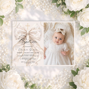Invitación de Foto de Bautizo con Lazo Elegante