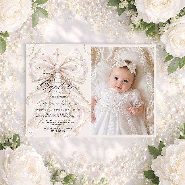 Invitación de Foto de Bautizo con Lazo Elegante (Subido por el creador)