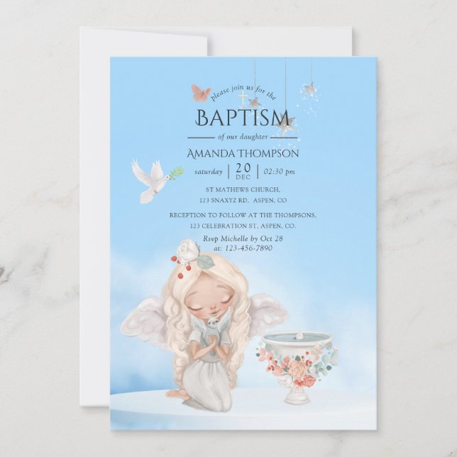 Invitación de foto de bautizo de ángel de acuarela (Anverso)