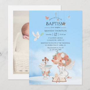 Invitación de foto de bautizo de ángel de niña de