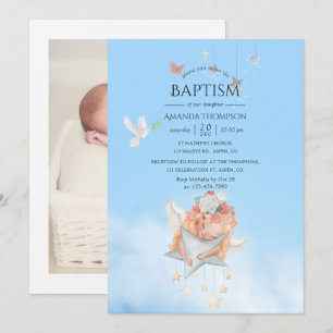 Invitación de foto de bautizo de ángel de niña de