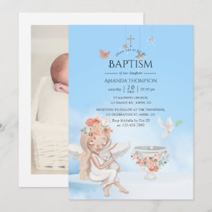 Invitación de foto de bautizo de ángel niña acuare