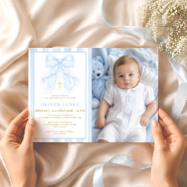 Invitación de foto de bautizo de bebé niño con laz