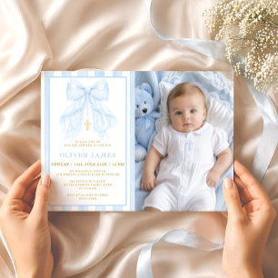 Invitación de foto de bautizo de bebé niño con laz