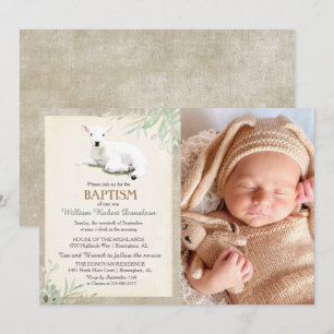 Invitación de foto de bautizo de corderito