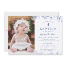 Invitación de foto de bautizo de flores azules clá