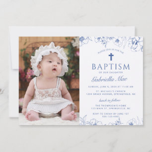 Invitación de foto de bautizo de flores azules clá