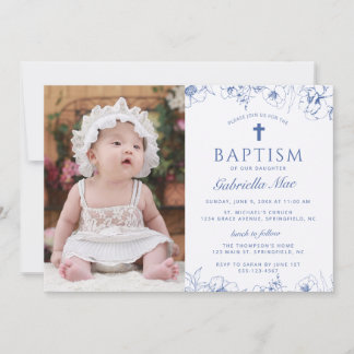 Invitación de foto de bautizo de flores azules clá