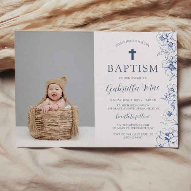 Invitación de Foto de Bautizo de Flores Azules Vin (Vintage Blue Floral Baptism Photo Invitation)
