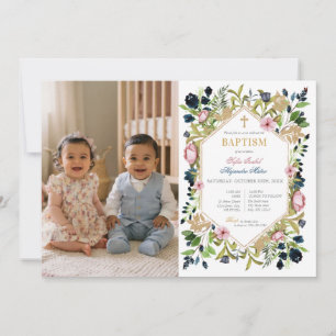 Invitación de foto de bautizo de gemelos florales 