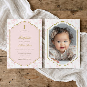 Invitación de foto de bautizo de niña con cruz de