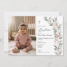 Invitación de foto de bautizo de niña con flor sil