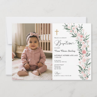 Invitación de foto de bautizo de niña con flor sil