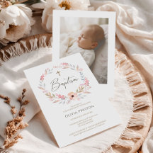 Invitación de Foto de Bautizo de Niña Floral Rosa