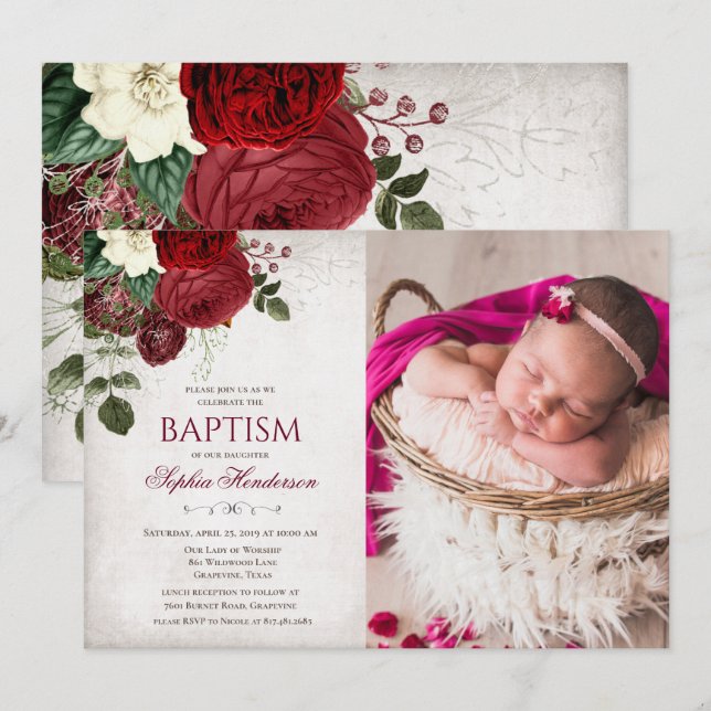 Invitación de foto de bautizo floral (Anverso / Reverso)