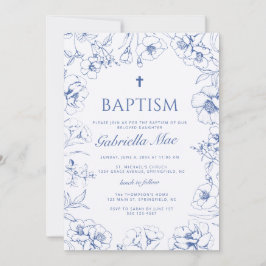 Invitación de foto de bautizo floral azul