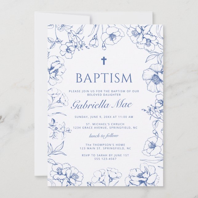 Invitación de foto de bautizo floral azul (Anverso)