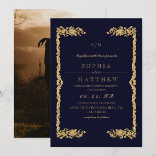 Invitación de foto de boda azul clásica