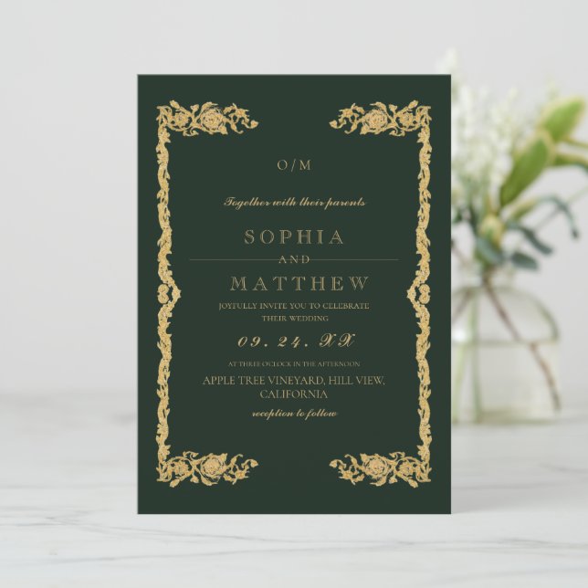 Invitación de foto de boda clásica esmeralda verde (Anverso de pie)