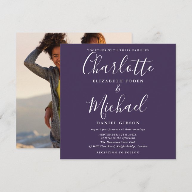 Invitación de foto de boda con elegante letra curs (Anverso / Reverso)