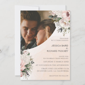 Invitación de Foto de Boda con Floral Blush Rosa