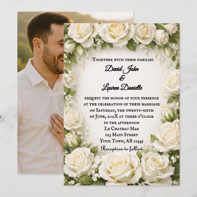 Invitación de Foto de Boda de Rosa Blanca (Anverso / Reverso)