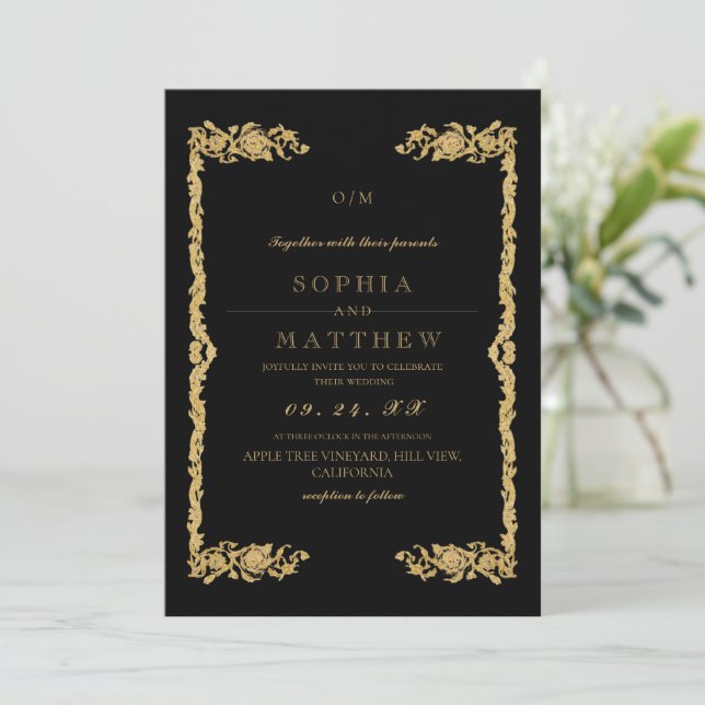 Invitación de foto de boda dorada negra (Anverso de pie)