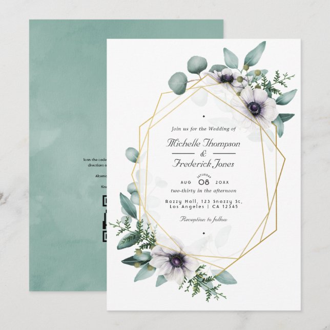 Invitación de foto de boda floral geométrica de eu (Anverso / Reverso)