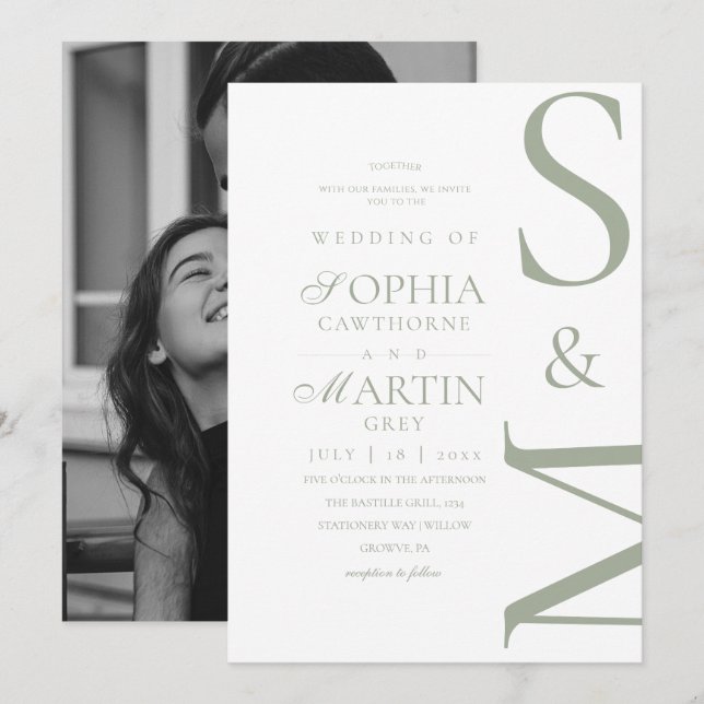 Invitación de Foto de Boda Moderna Verde Salvia (Anverso / Reverso)