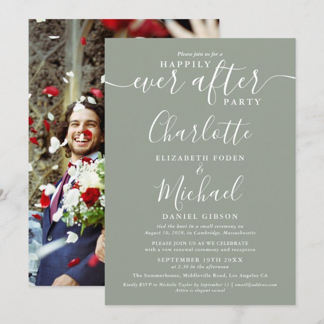 Invitación de Foto de Boda Verde Sage Felices para (Anverso / Reverso)