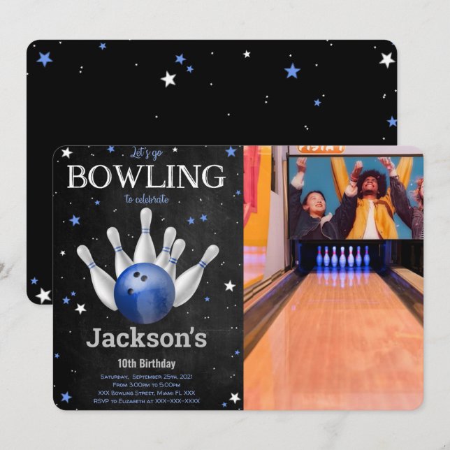 Invitación de foto de bowling editable para niño (Anverso / Reverso)