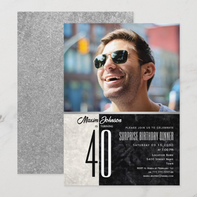 Invitación de Foto de Cumpleaños 40 Moderno para H (Anverso / Reverso)