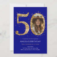 Invitación de foto de cumpleaños 50 con brillo dor
