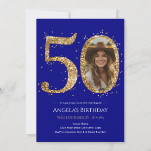 Invitación de foto de cumpleaños 50 con brillo dor