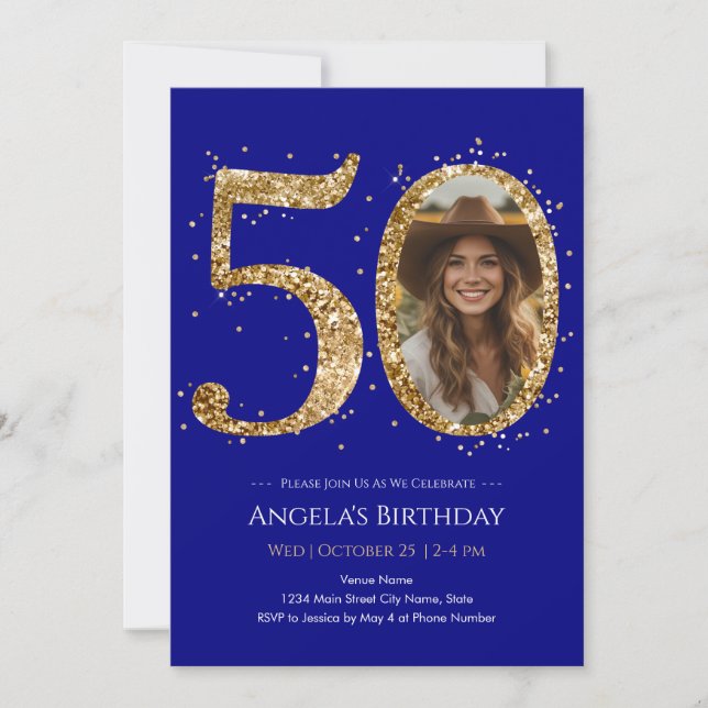 Invitación de foto de cumpleaños 50 con brillo dor (Anverso)
