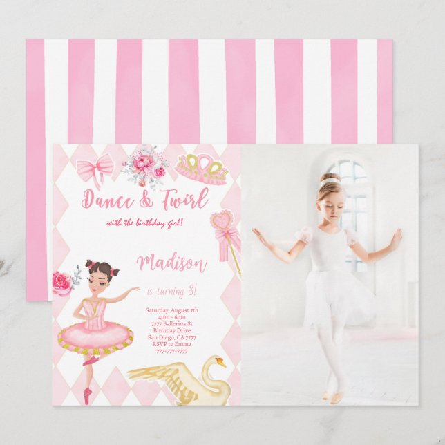 Invitación de foto de cumpleaños 8 de bailarina  (Anverso / Reverso)