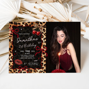 Invitación de foto de cumpleaños con cerezas y leo
