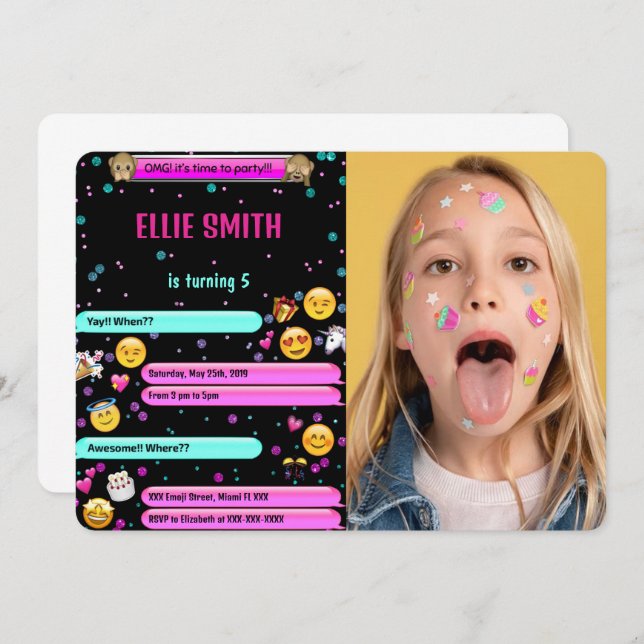 Invitación de foto de cumpleaños con emoji (Anverso / Reverso)