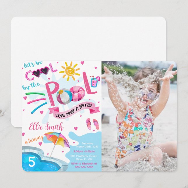 Invitación de foto de cumpleaños con piscina genia (Anverso / Reverso)