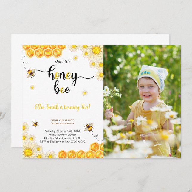 Invitación de foto de cumpleaños de abeja (Anverso / Reverso)