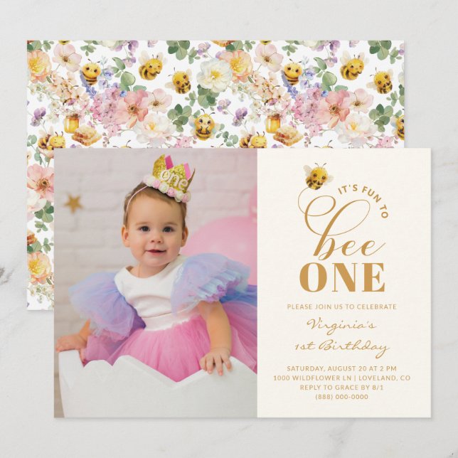 Invitación de foto de cumpleaños de abeja (Anverso / Reverso)