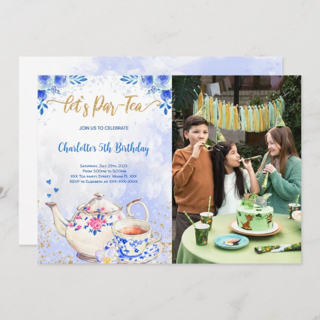 Invitación de foto de cumpleaños de fiesta de té a (Anverso / Reverso)