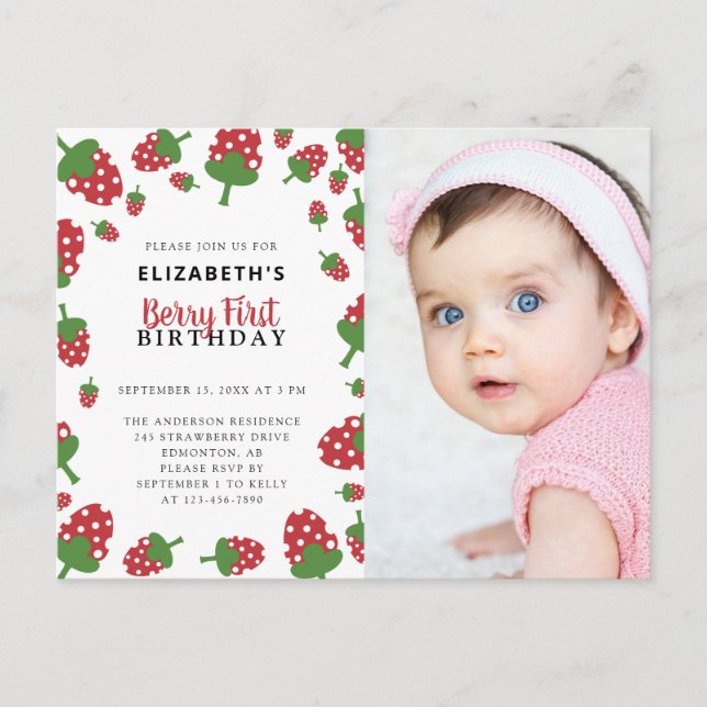 Invitación de foto de cumpleaños de fresa linda pa (Anverso)